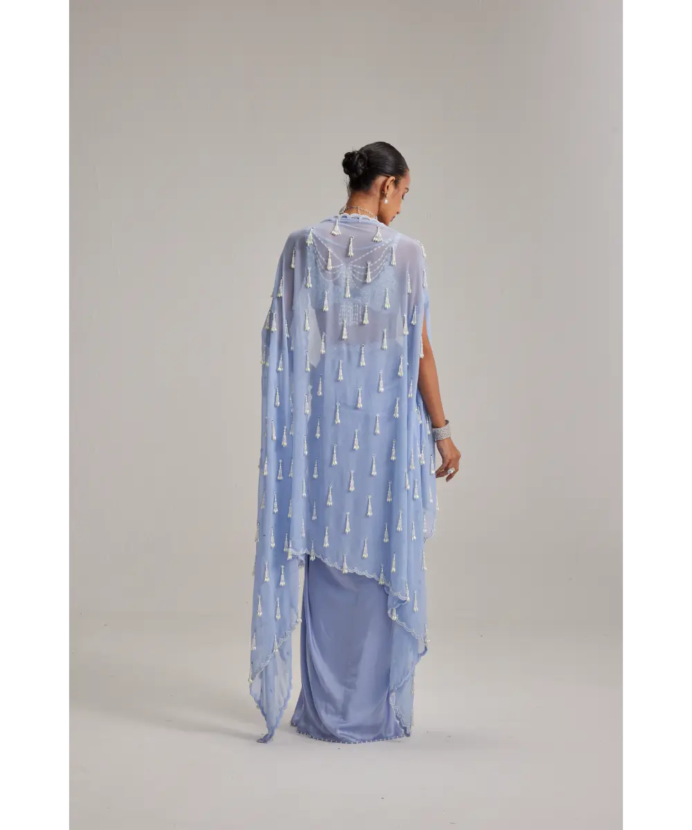 VVANI VATS- Dew Blue Cape And Satin draped skirt Set